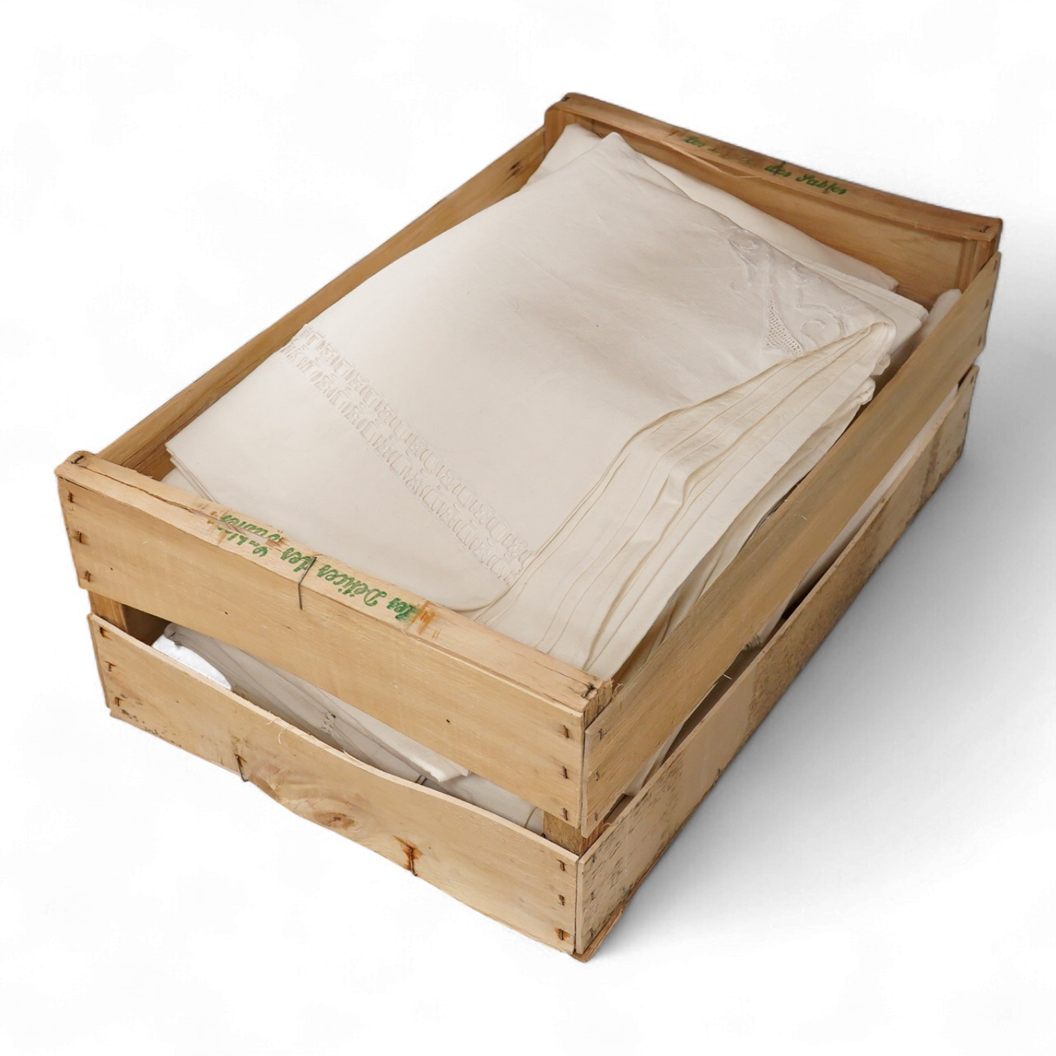 Nine French provincial, coarse linen, monogrammed top sheets